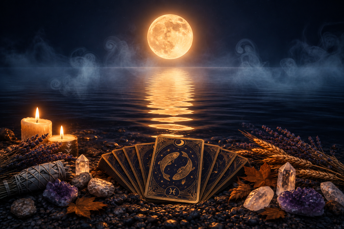 Amber Harvest full moon over misty water with a Pisces tarot card spread, candles, lavender, wheat, and crystals