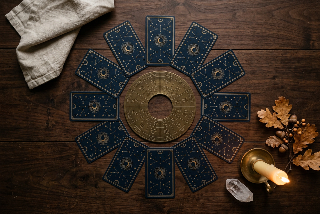 Twelve celestial tarot cards arranged around a brass zodiac wheel with candlelight, quartz and autumn leaves on a dark wooden table.