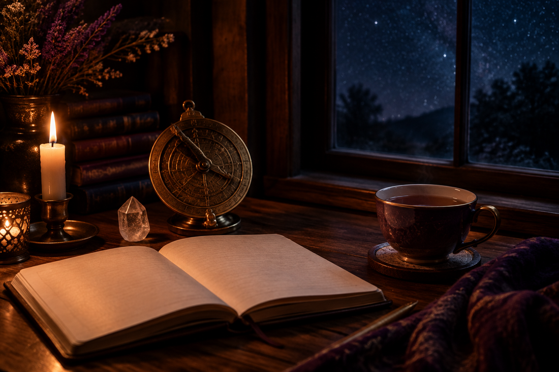 A candlelit desk with an open journal, brass astrolabe, quartz crystal and tea beside a starry night window.