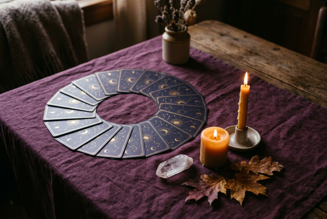 Twelve celestial patterned tarot cards on plum linen with warm candlelight, quartz and autumn leaves.
